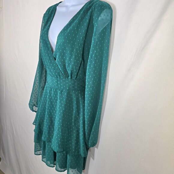 Green Polkadot Dress Sz XL A Line Chiffon Long Sleeve Flowy V Neck Tiered Mini - Picture 2 of 9
